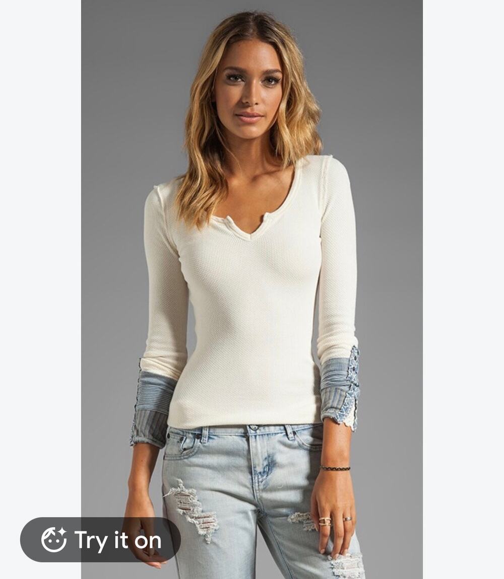 Free People Women's Cream Waffle Knit Blue Cuff Thermal Kyoto Top Sz M Festival